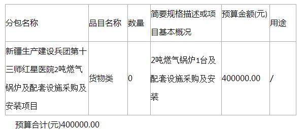 新疆生产建设兵团第十三师红星医院2吨燃气锅炉及配套设施采购及安装项目招标公告